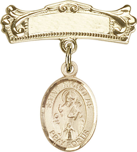 St. Nicholas Charm and Arched Polished Engravable Badge Pin