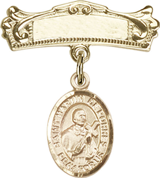 St. Martin de Porres Charm and Arched Polished Engravable Badge Pin