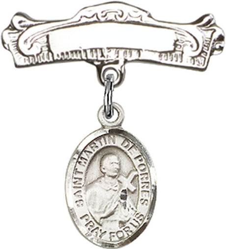 St. Martin de Porres Charm and Arched Polished Engravable Badge Pin