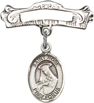 St. Rose of Lima Charm and Arched Polished Engravable Badge Pin