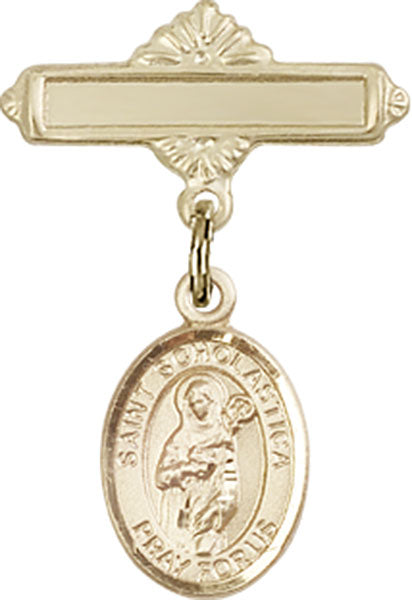 St. Scholastica Charm and Polished Engravable Badge Pin