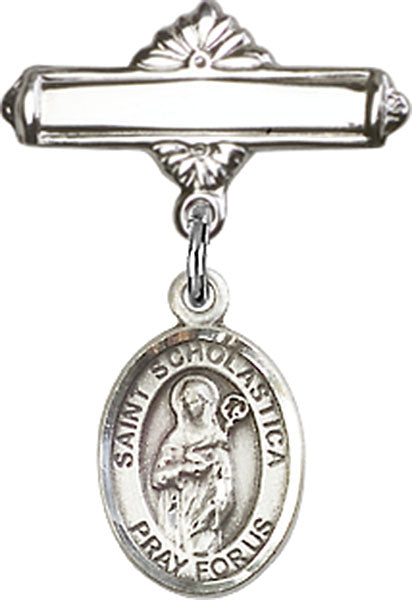 St. Scholastica Charm and Polished Engravable Badge Pin