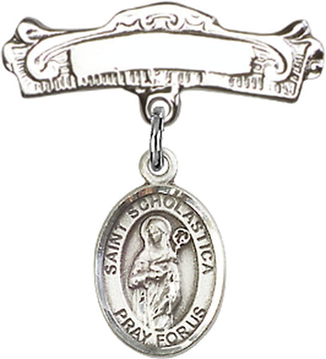 St. Scholastica Charm and Arched Polished Engravable Badge Pin