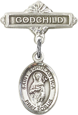 St. Scholastica Charm and Godchild Badge Pin