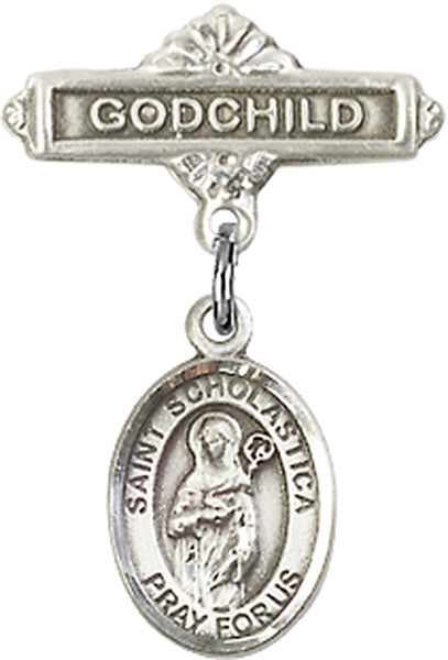 St. Scholastica Charm and Godchild Badge Pin