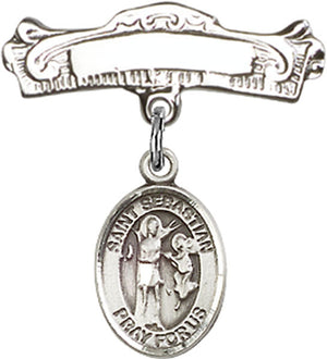 St. Sebastian Charm and Arched Polished Engravable Badge Pin