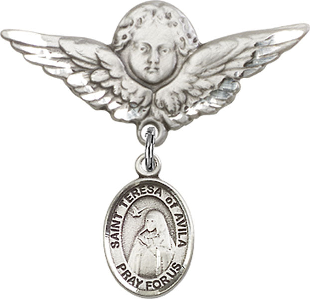 St. Teresa of Avila Charm and Angel with Larger Wings Badge Pin