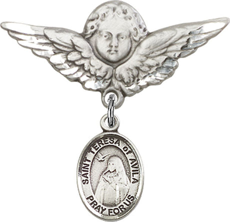 St. Teresa of Avila Charm and Angel with Larger Wings Badge Pin