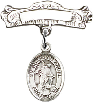 Guardian Angel Charm and Arched Polished Engravable Badge Pin