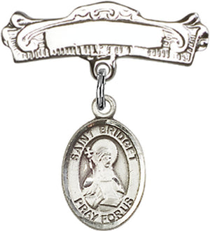 St. Bridget of Sweden Charm and Arched Polished Engravable Badge Pin