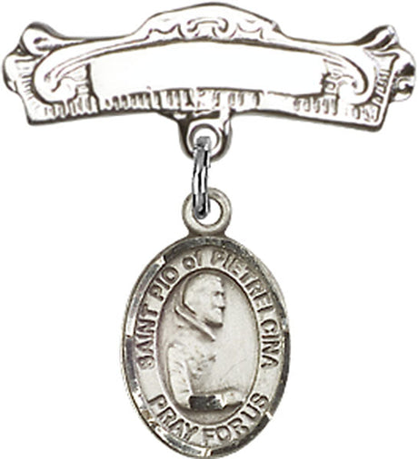 St. Pio of Pietrelcina Charm and Arched Polished Engravable Badge Pin