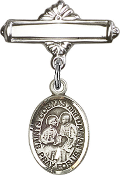 Sts. Cosmas & Damian Charm and Polished Engravable Badge Pin