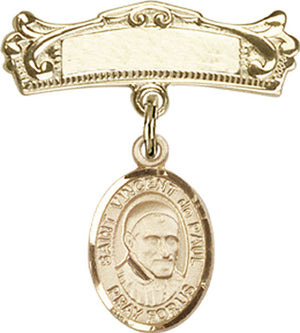 St. Vincent de Paul Charm and Arched Polished Engravable Badge Pin