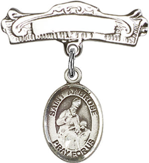 St. Ambrose Charm and Arched Polished Engravable Badge Pin