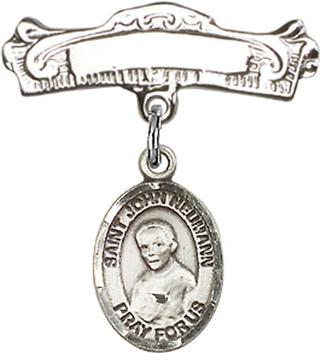 St. John Neumann Charm and Arched Polished Engravable Badge Pin