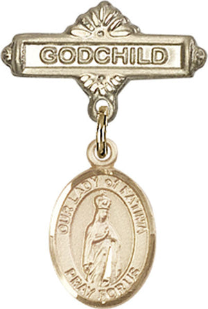 Our Lady of Fatima Charm and Godchild Badge Pin
