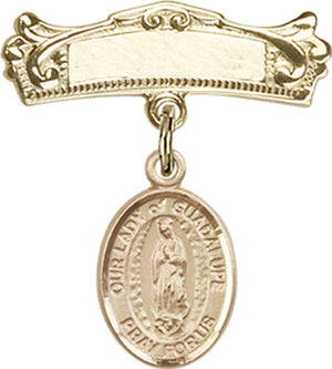 Our Lady of Guadalupe Charm and Arched Polished Engravable Badge Pin