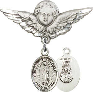 Our Lady of Guadalupe Charm and Angel with Larger Wings Badge Pin