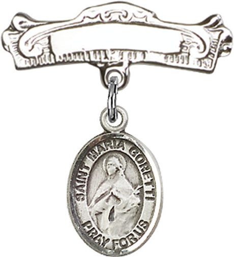 St. Maria Goretti Charm and Arched Polished Engravable Badge Pin