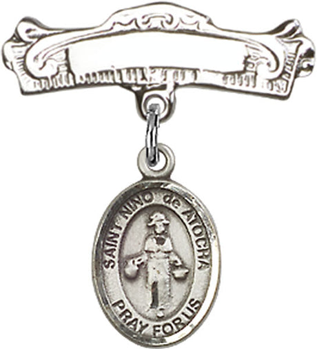 St. Nino de Atocha Charm and Arched Polished Engravable Badge Pin