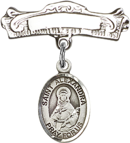 St. Alexandra Charm and Arched Polished Engravable Badge Pin