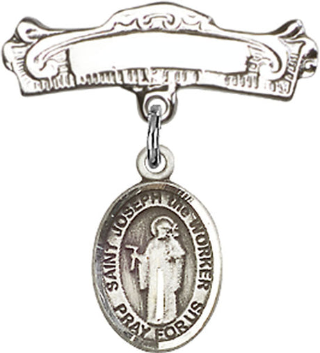 St. Joseph the Worker Charm and Arched Polished Engravable Badge Pin