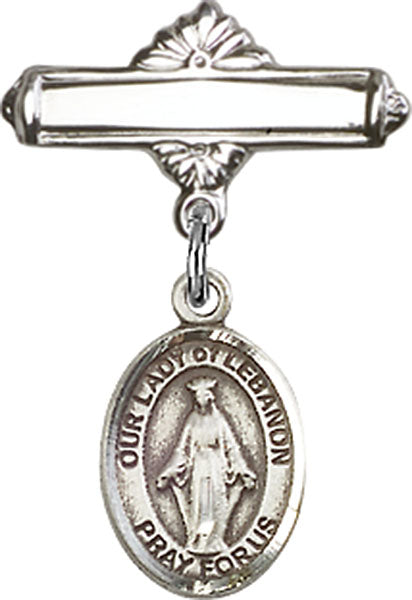 Our Lady of Lebanon Charm and Polished Engravable Badge Pin
