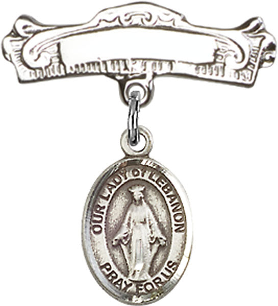Our Lady of Lebanon Charm and Arched Polished Engravable Badge Pin