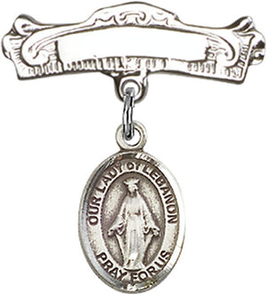 Our Lady of Lebanon Charm and Arched Polished Engravable Badge Pin