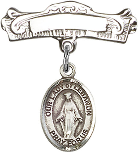 Our Lady of Lebanon Charm and Arched Polished Engravable Badge Pin