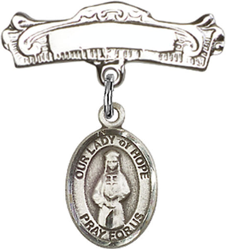 Our Lady of Hope Charm and Arched Polished Engravable Badge Pin