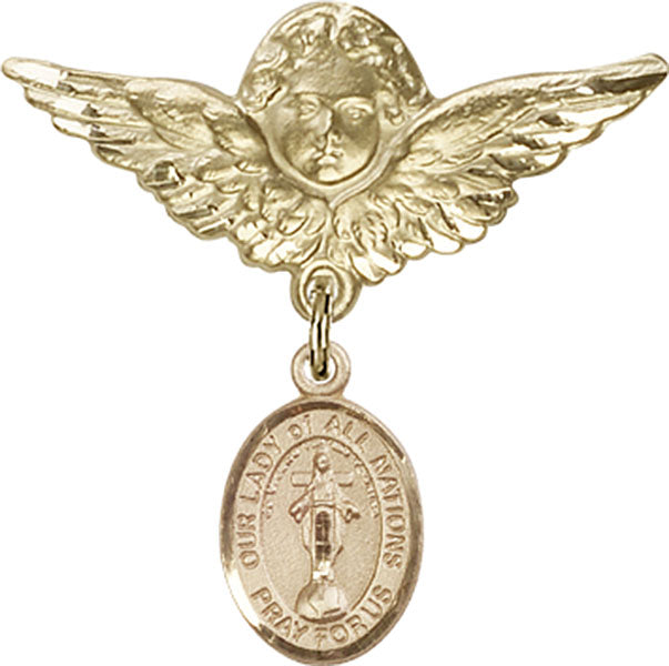 Our Lady of All Nations Charm and Angel with Larger Wings Badge Pin