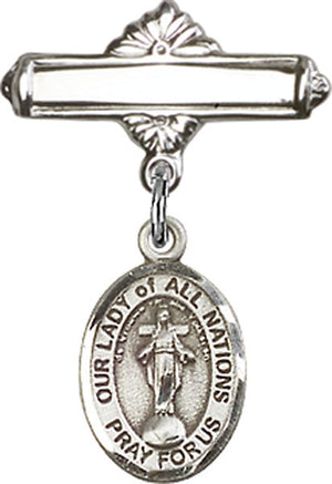 Our Lady of All Nations Charm and Polished Engravable Badge Pin