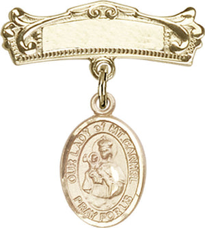 Our Lady of Mount Carmel Charm and Arched Polished Engravable Badge Pin