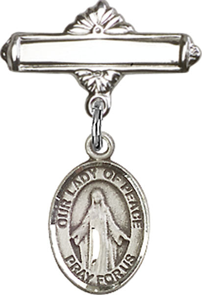 Our Lady of Peace Charm and Polished Engravable Badge Pin