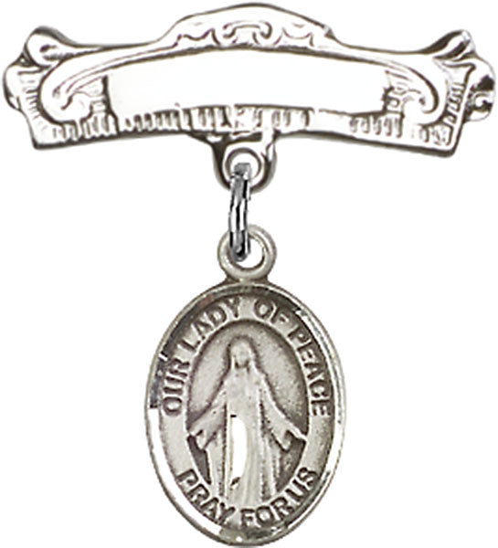 Our Lady of Peace Charm and Arched Polished Engravable Badge Pin