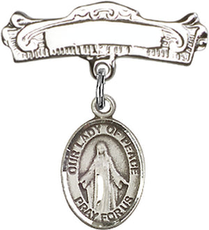 Our Lady of Peace Charm and Arched Polished Engravable Badge Pin