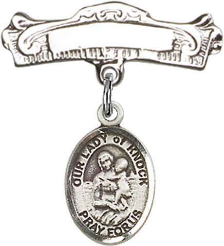 Our Lady of Knock Charm and Arched Polished Engravable Badge Pin