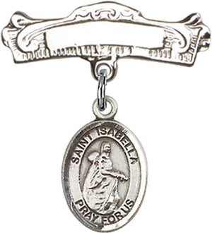 St. Isabella of Portugal Charm and Arched Polished Engravable Badge Pin