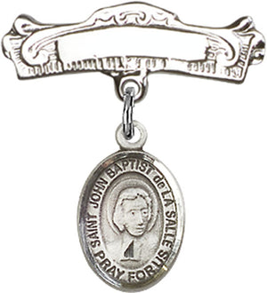 St. John Baptist de la Salle Charm and Arched Polished Engravable Badge Pin