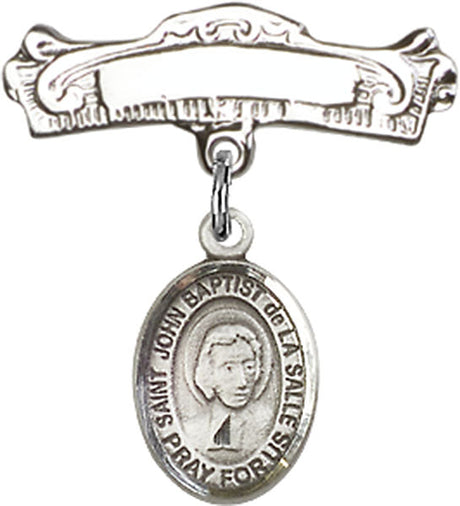 St. John Baptist de la Salle Charm and Arched Polished Engravable Badge Pin