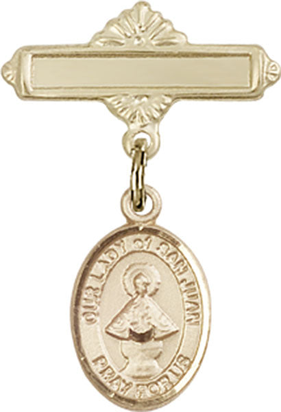 Our Lady of San Juan Charm and Polished Engravable Badge Pin