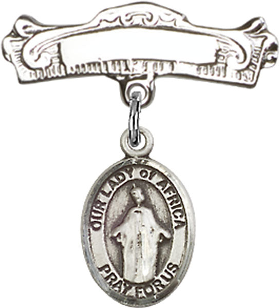 Our Lady of Africa Charm and Arched Polished Engravable Badge Pin