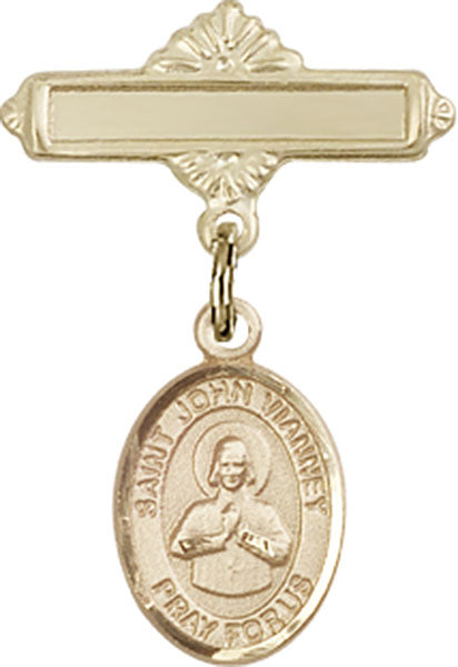 St. John Vianney Charm and Polished Engravable Badge Pin