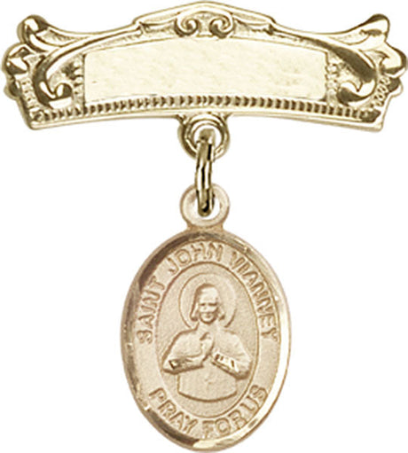 St. John Vianney Charm and Arched Polished Engravable Badge Pin