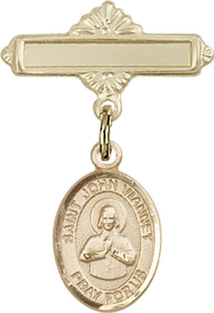 St. John Vianney Charm and Polished Engravable Badge Pin