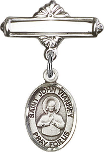 St. John Vianney Charm and Polished Engravable Badge Pin