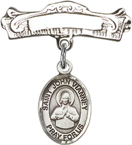 St. John Vianney Charm and Arched Polished Engravable Badge Pin