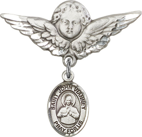 St. John Vianney Charm and Angel with Larger Wings Badge Pin