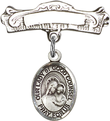 Our Lady of Good Counsel Charm and Arched Polished Engravable Badge Pin